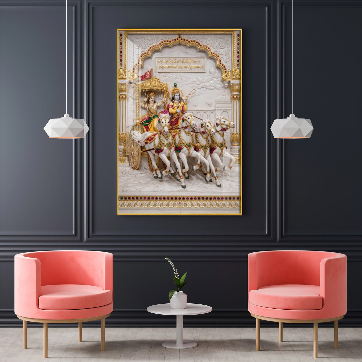 Krishna & Arjuna Chariot Glass Finish Vertical Wall Art