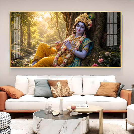 Lord Krishna Glass Finish Horizontal Wall Art