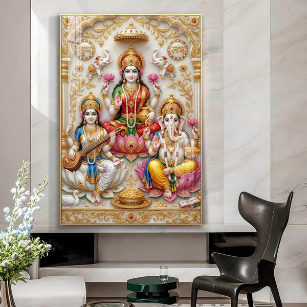 Goddess Lakshmi, Saraswati & Lord Ganesha Glass Finish Vertical Wall Art