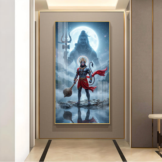 Hanuman Ji and Shiva Ji Glass Finish Vertical Wall Art