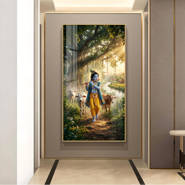 Lord Krishna Ji Glass Finish Vertical Wall Art