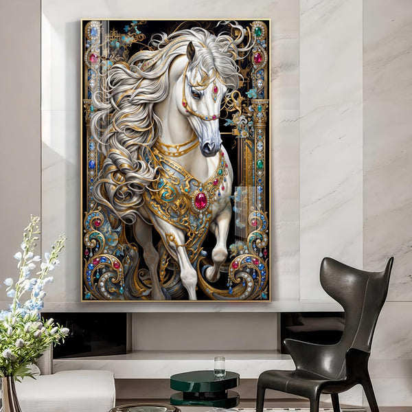 White Horse Glass Finish Vertical Wall Art