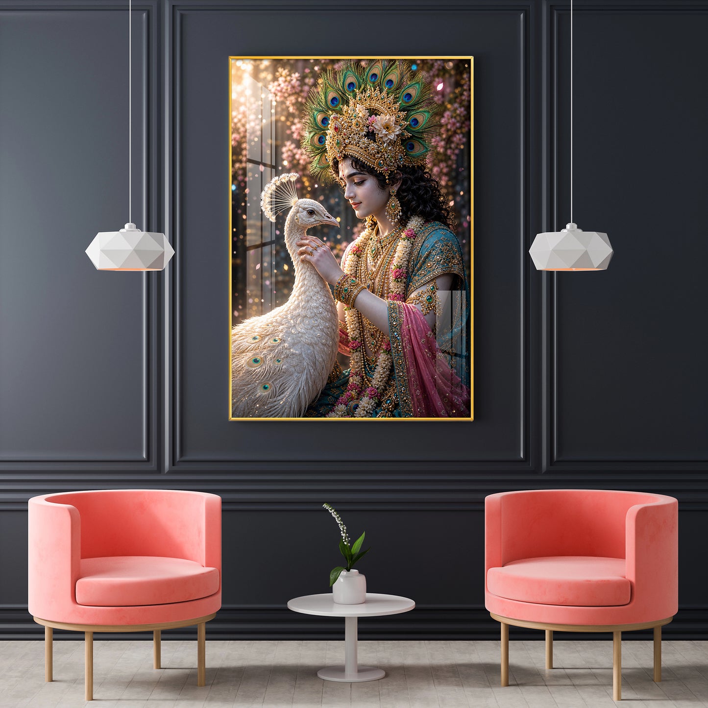 Shree Krishna With Peacock Glass Finish Vertical Wall Art