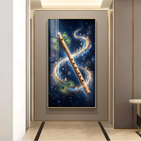 Flute With Peacock Feathers Glass Finish Vertical Wall Art