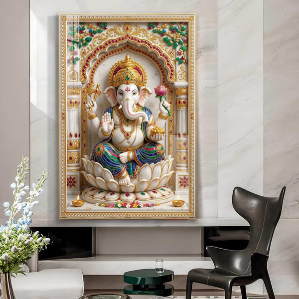 Depicts Ganesha Glass Finish Vertical Wall Art