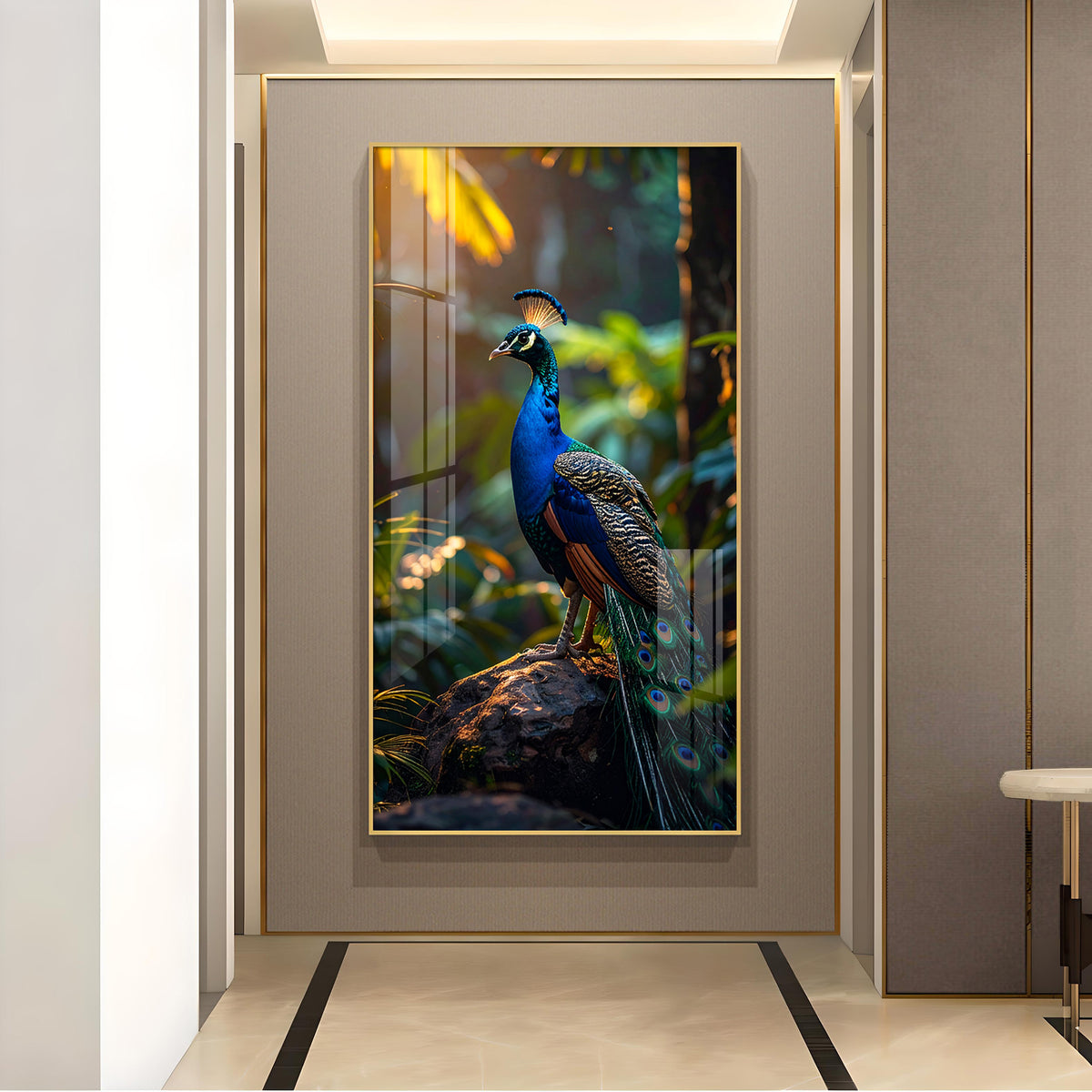 Peacock Perch Glass Finish Vertical Wall Art