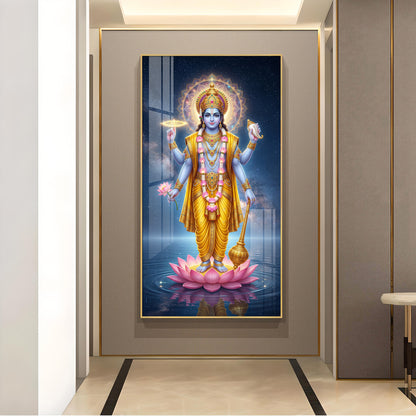 Divine Lord Vishnu Ji On Lotus Glass Finish Vertical Wall Art