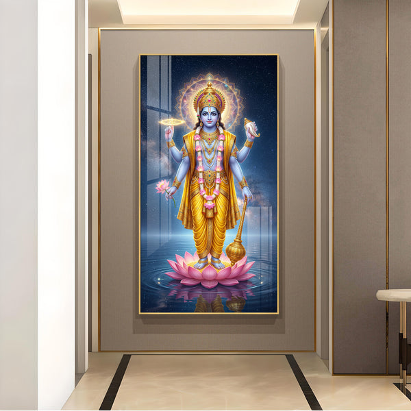 Divine Lord Vishnu Ji On Lotus Glass Finish Vertical Wall Art