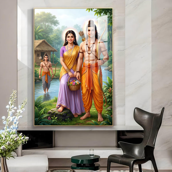 Lord Ram Siya With Lakshman Glass Finish Vertical Wall Art