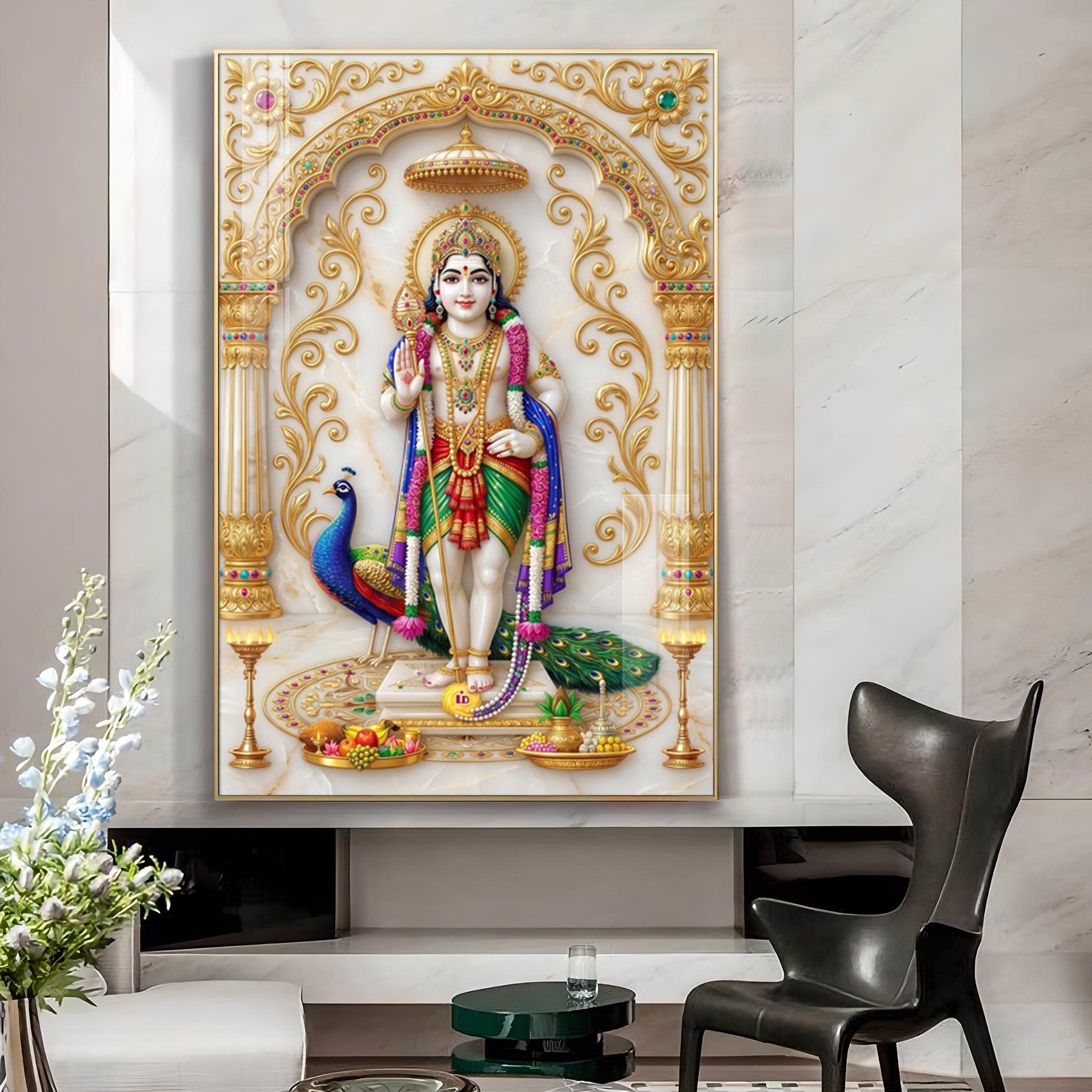Depicting Lord Murugan Glass Finish Vertical Wall Art