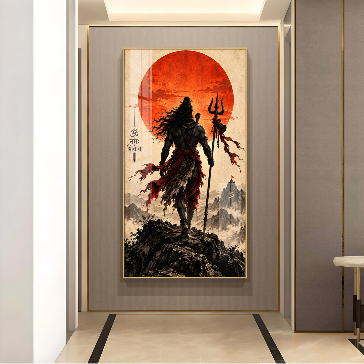 Mahadev With Trishul Glass Finish Vertical Wall Art