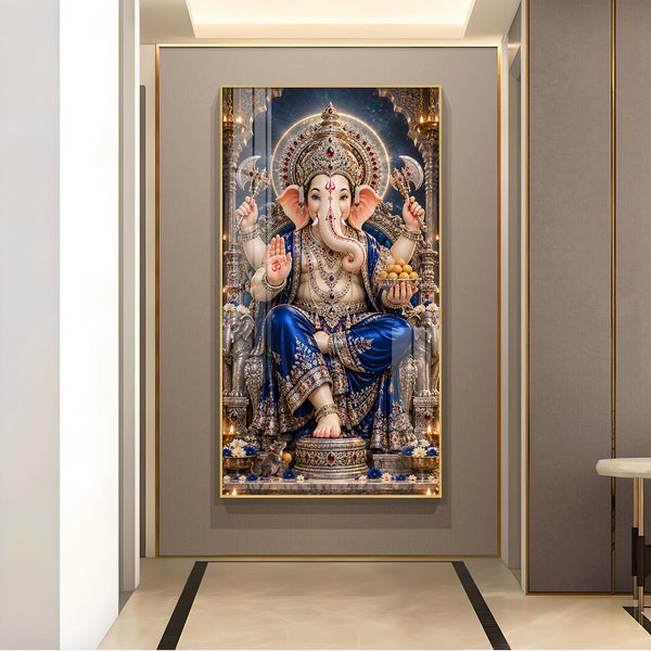 Lord Ganesha In Royal Blue Glass Finish Vertical Wall Art