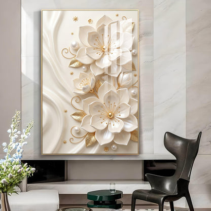 White Flowers With Golden Elements Glass Finish Vertical Wall Art