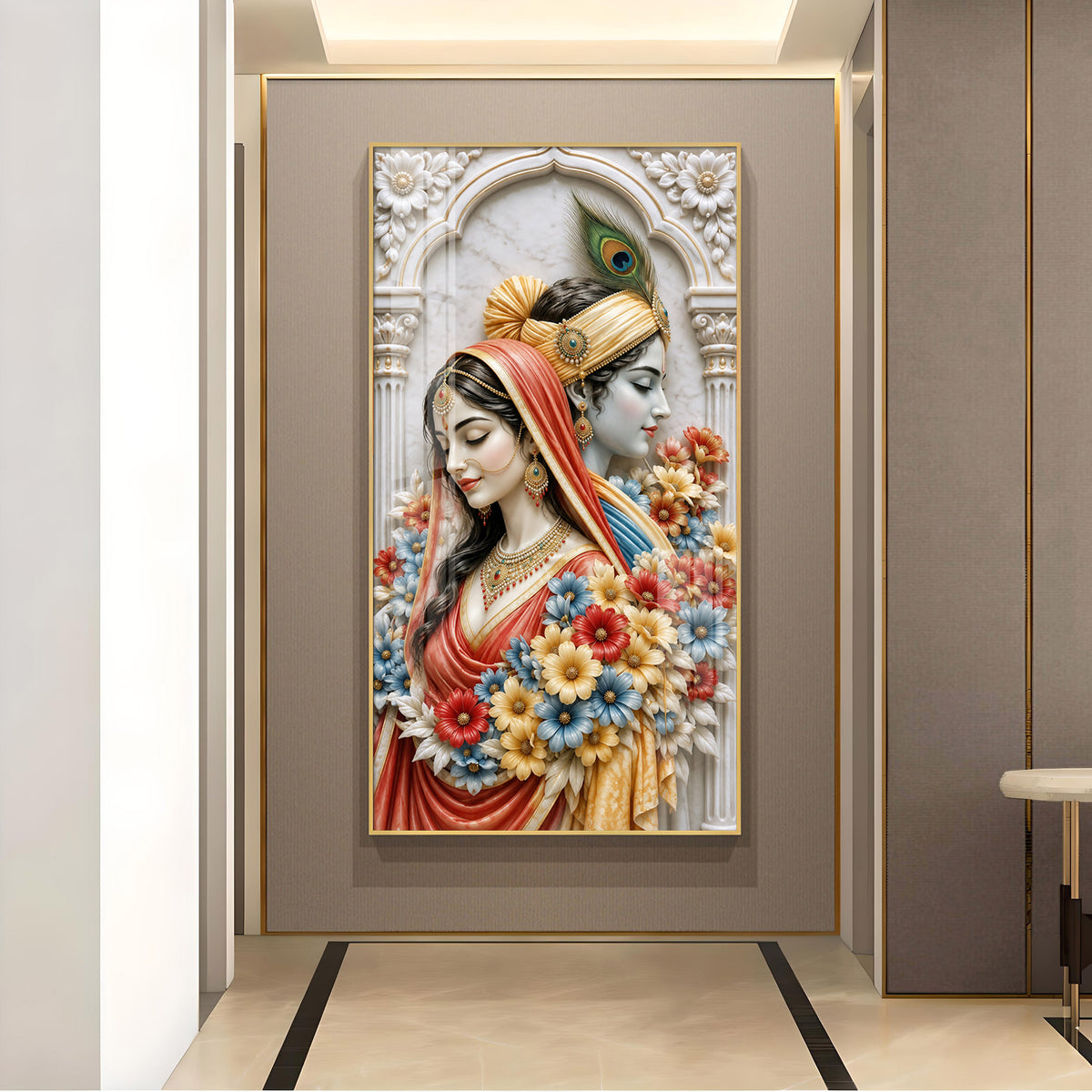 Shri Radha Krishna Glass Finish Vertical Wall Art