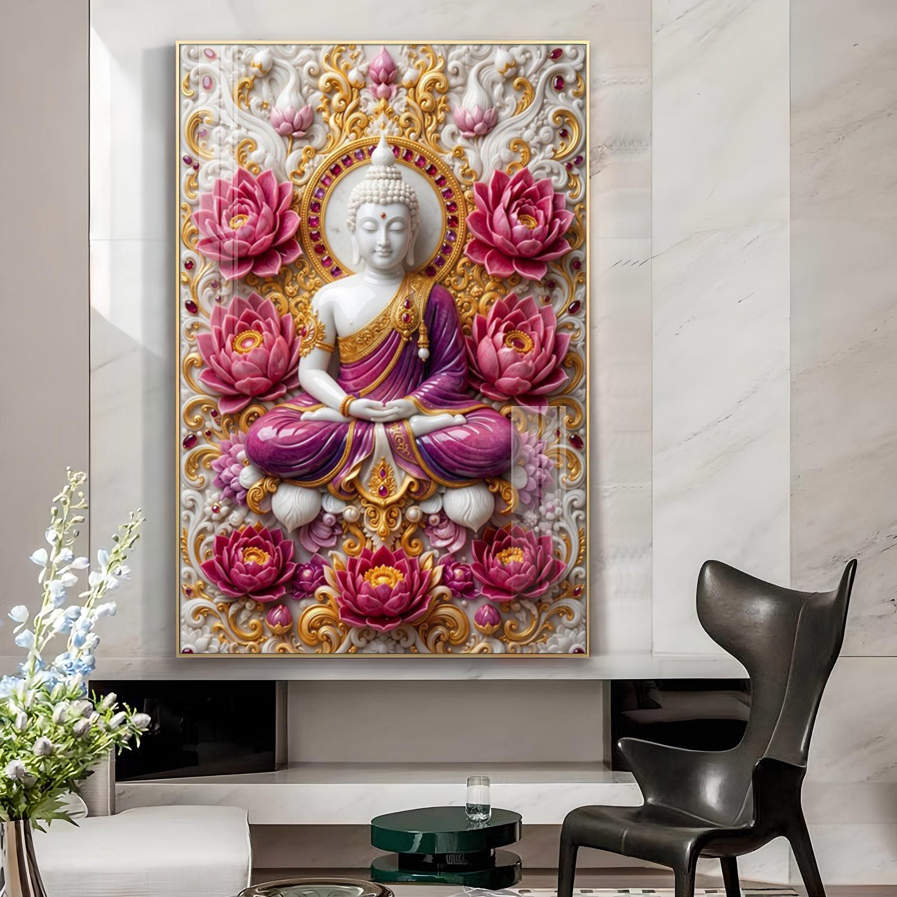 Lotus Serenity Lord Buddha Glass Finish Vertical Wall Art