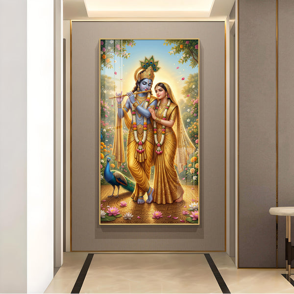 Radha Krishna Divine Love Glass Finish Vertical Wall Art