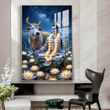Lord Shiva Meditating Beside Nandi Glass Finish Vertical Wall Art