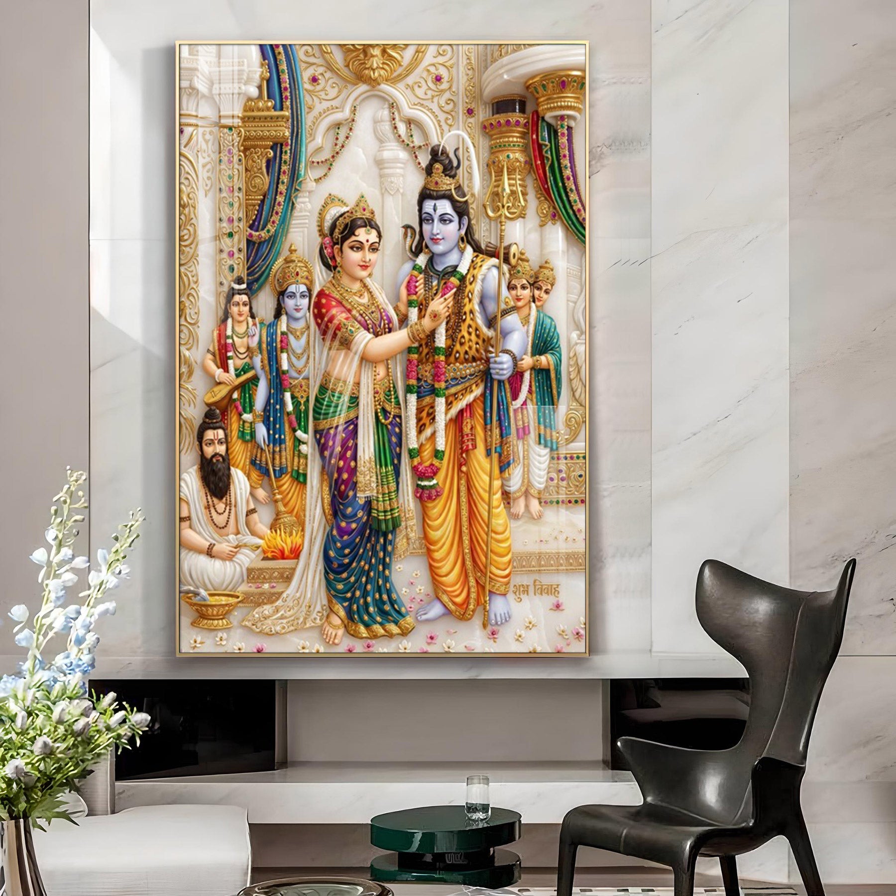 Vivah Of Lord Shiva, Goddess Parvati Glass Finish Vertical Wall Art