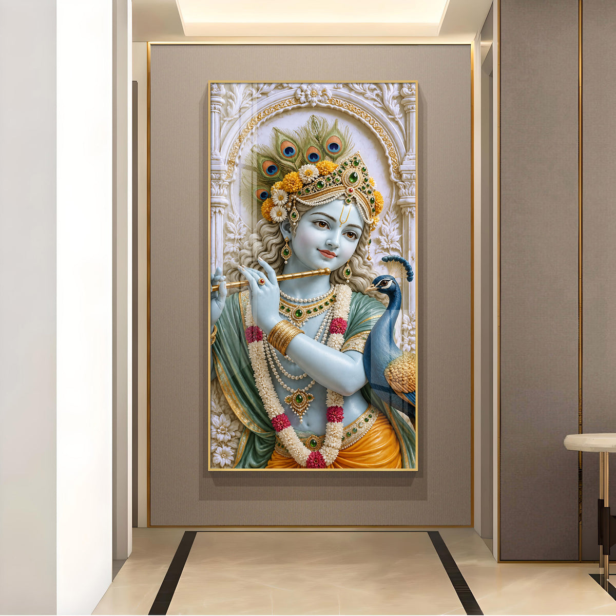 Shri Krishna Ji With Peacock Glass Finish Vertical Wall Art