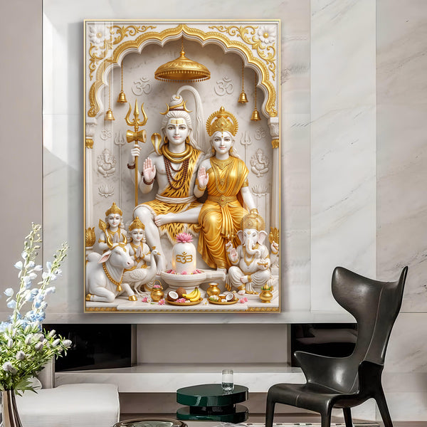 Divine Lord Shiva's Family Glass Finish Vertical Wall Art