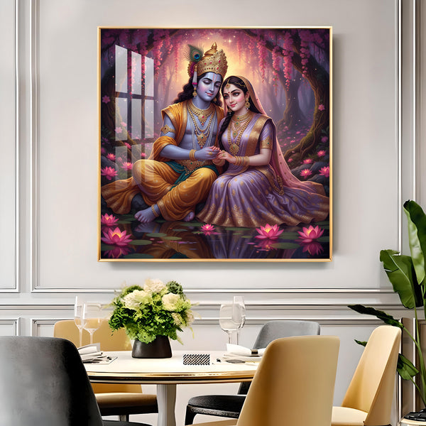 Loving Beautiful Radha Krishna Glass Finish Square Wall Art