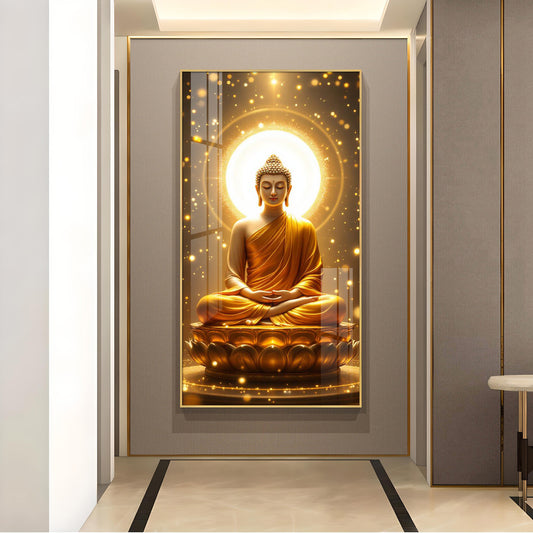 Meditating Gautam Buddha Glass Finish Vertical Wall Art