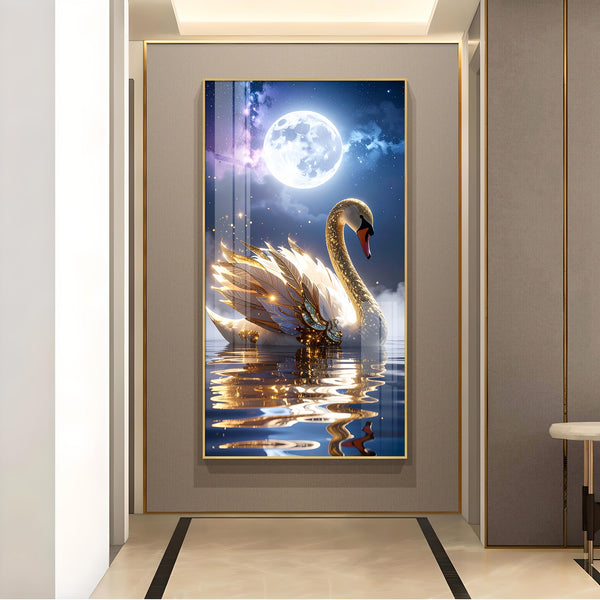 Majestic swan with feathers Glass Finish Vertical Wall Art