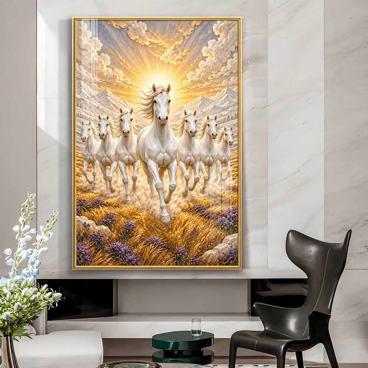 Seven Running White Horse Glass Finish Vertical Wall Art