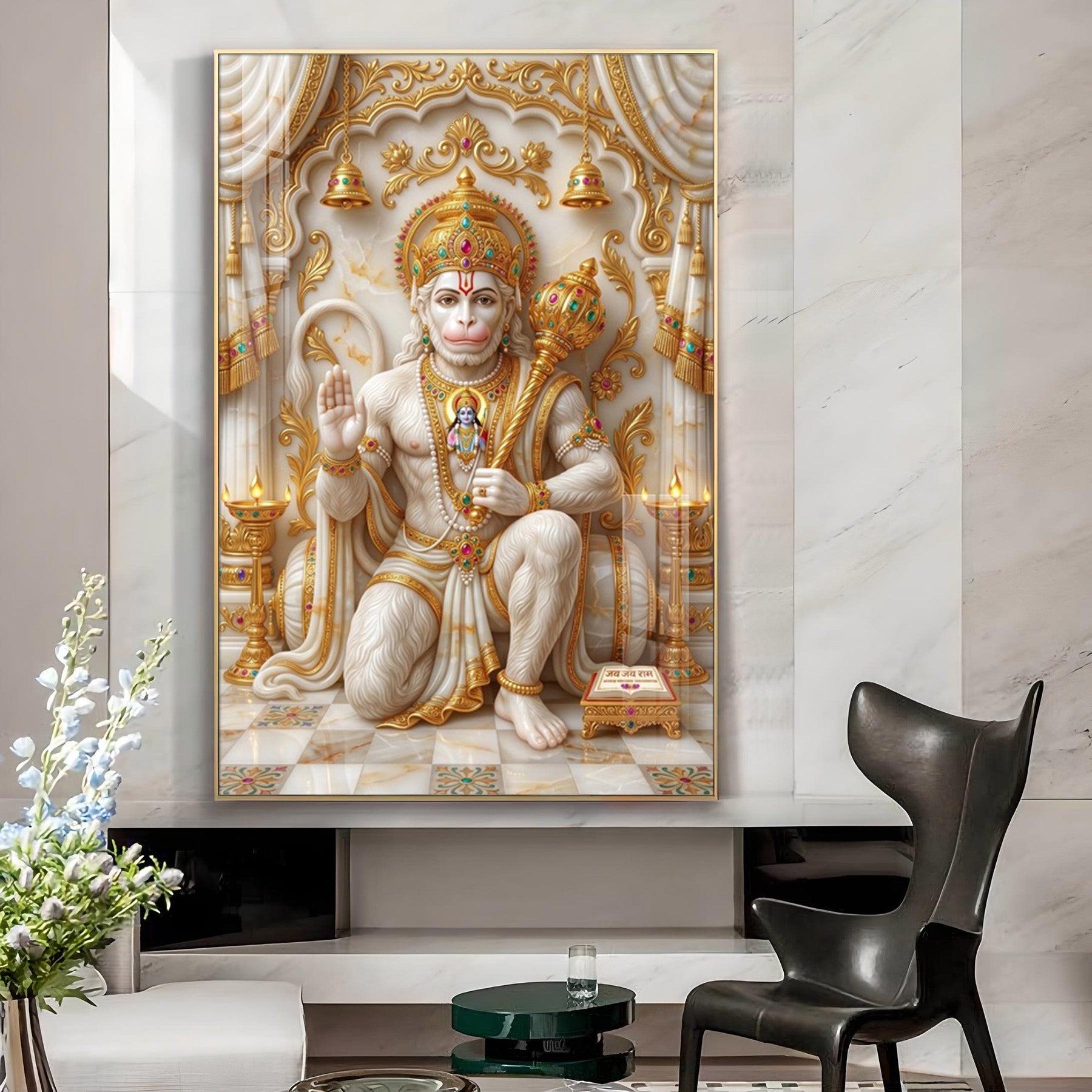 Depicts Lord Hanuman Glass Finish Vertical Wall Art