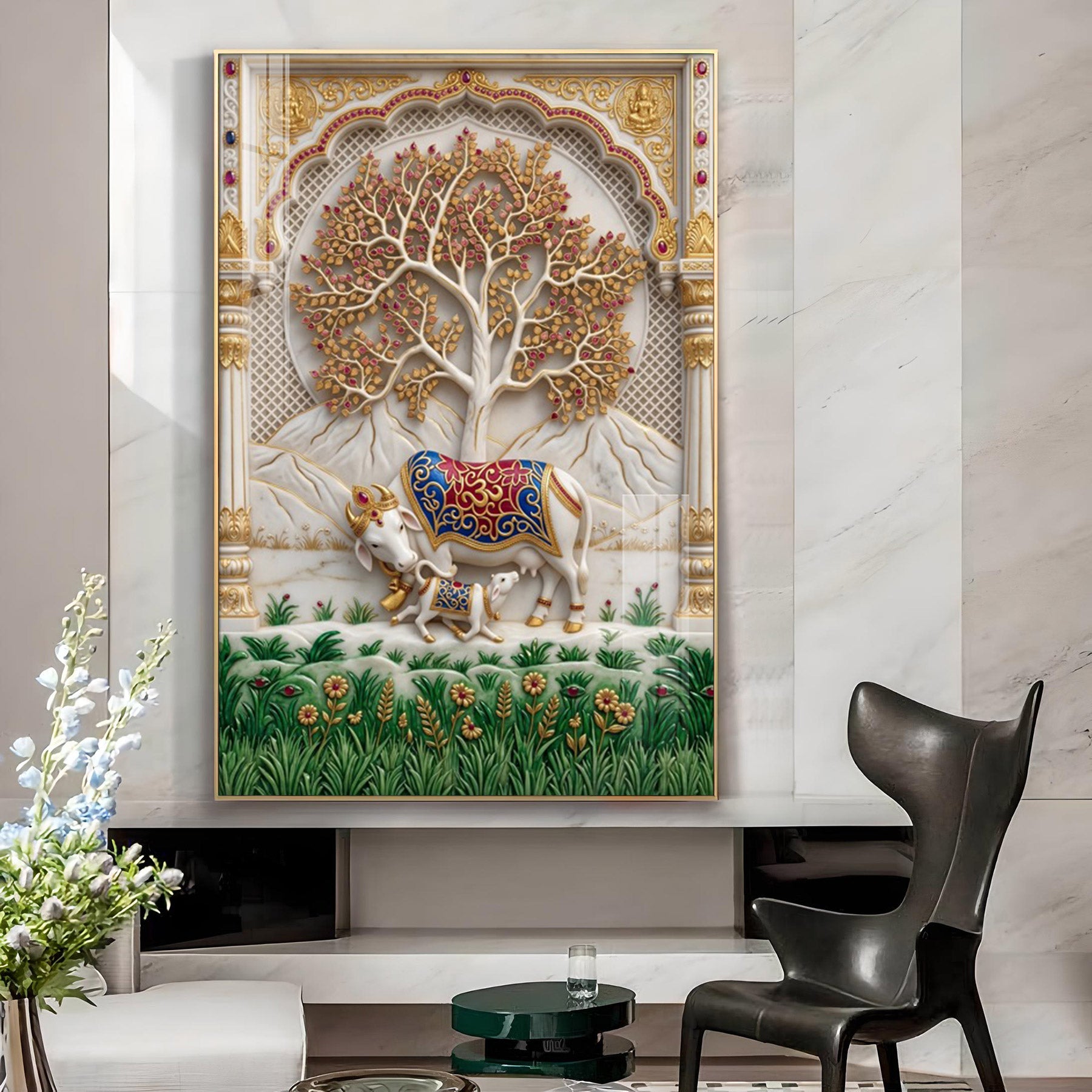 Sacred Kamadhenu Cow Glass Finish Vertical Wall Art