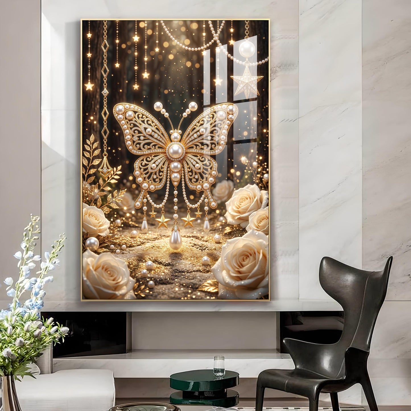 Golden Butterfly Embellished With Pearls Glass Finish Vertical Wall Art