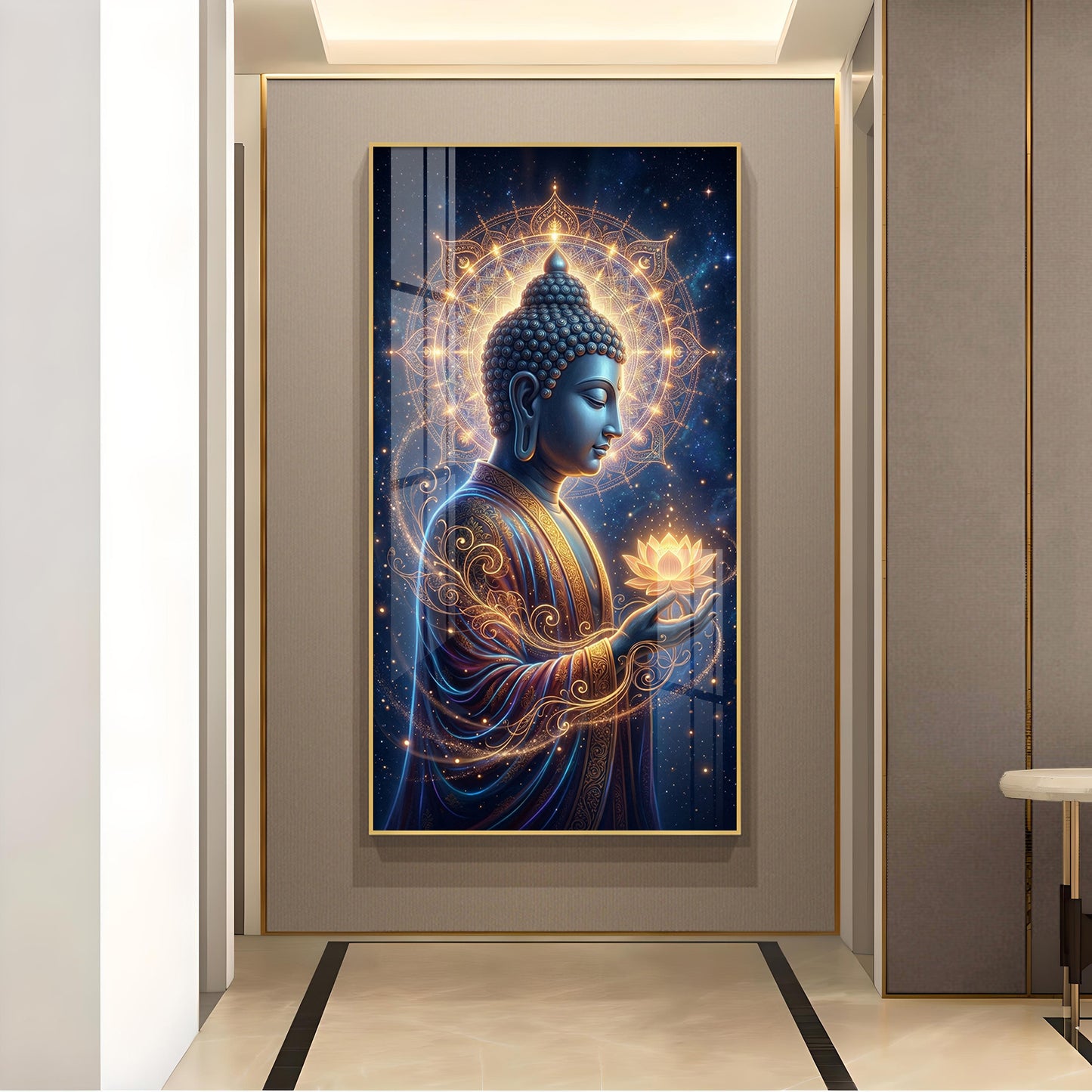 Gautam Buddha Glass Finish Vertical Wall Art