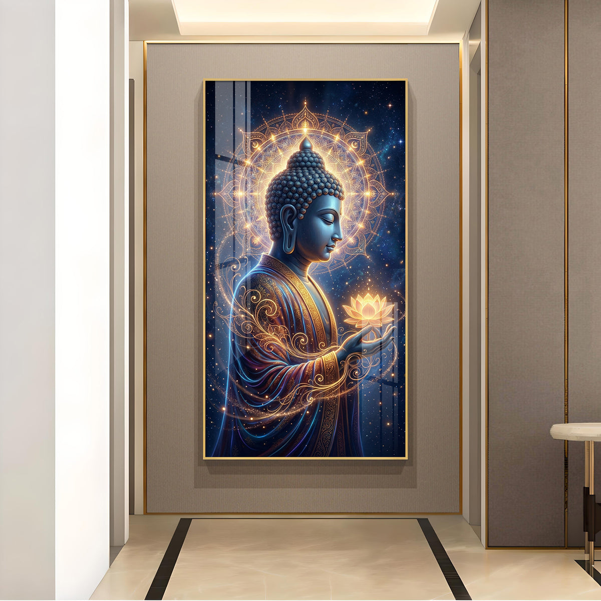 Gautam Buddha Glass Finish Vertical Wall Art