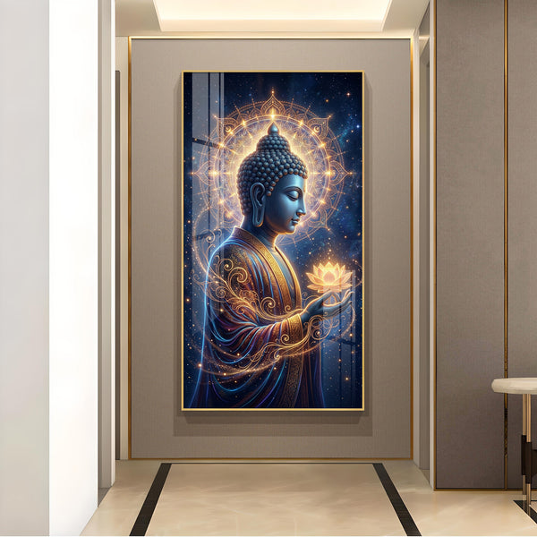Gautam Buddha Glass Finish Vertical Wall Art