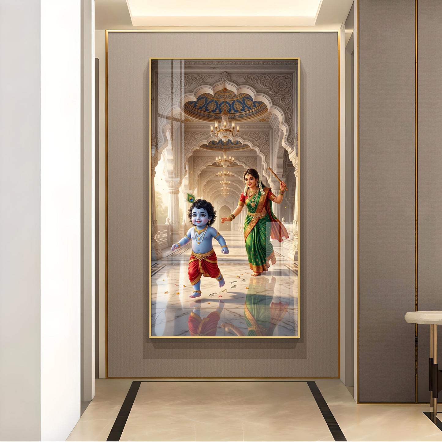 Little kanha With Maa Yashoda Glass Finish Vertical Wall Art