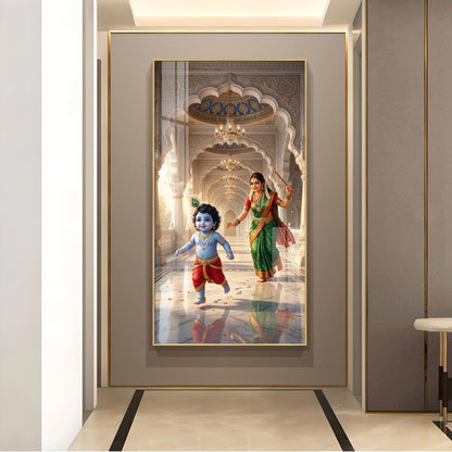 Little kanha With Maa Yashoda Glass Finish Vertical Wall Art