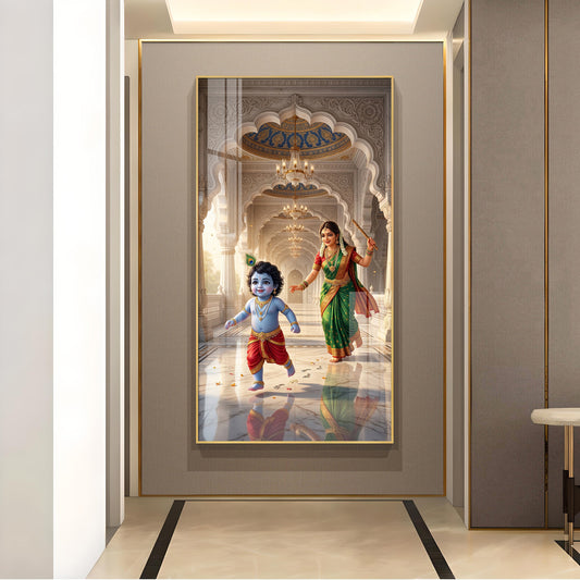 Little kanha With Maa Yashoda Glass Finish Vertical Wall Art