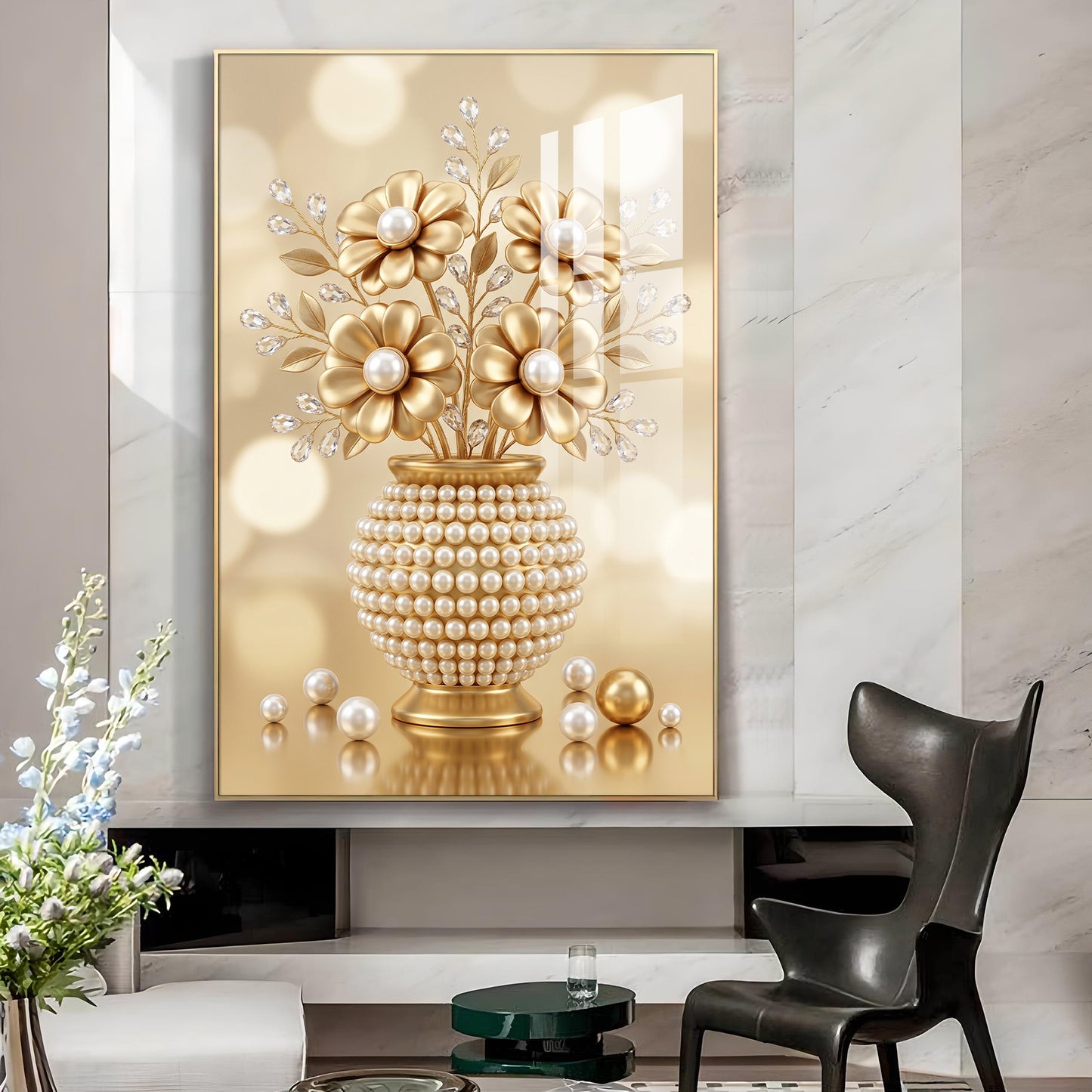 Golden Flowers With Vase Glass Finish Vertical Wall Art