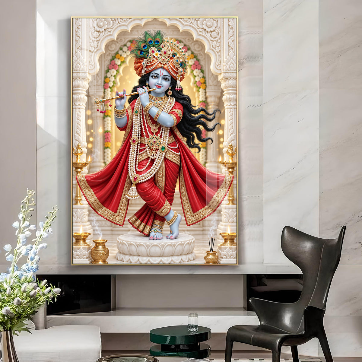 Lord Krishna In Red Poshak Glass Finish Vertical Wall Art