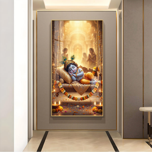 Sleeping Little Krishna Glass Finish Vertical Wall Art