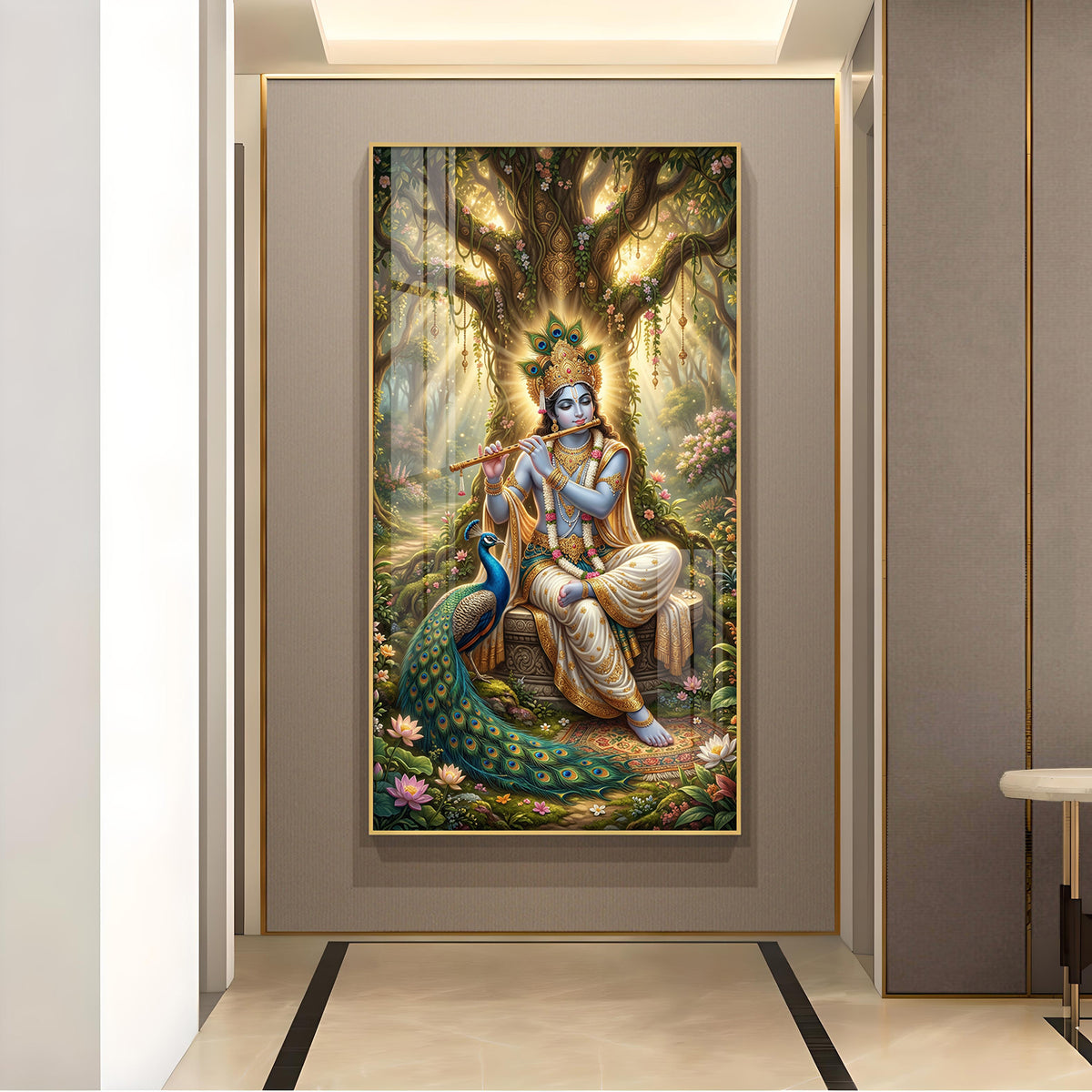 Divine Krishna Ji With Flute Glass Finish Vertical Wall Art