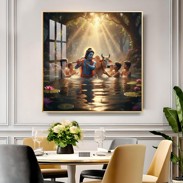 Little Krishna With Sakha Glass Finish Square Wall Art