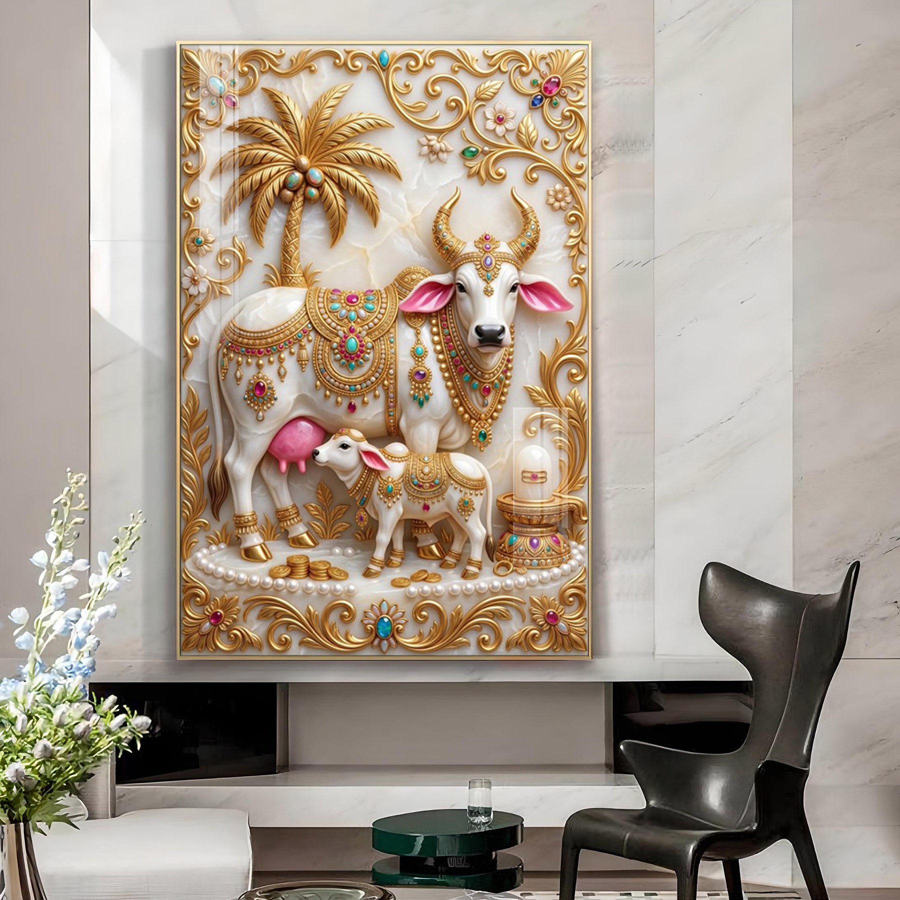 Divine Gau Mata With Calf Glass Finish Vertical Wall Art