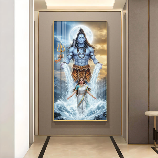 Shiv Parvati Glass Finish Vertical Wall Art