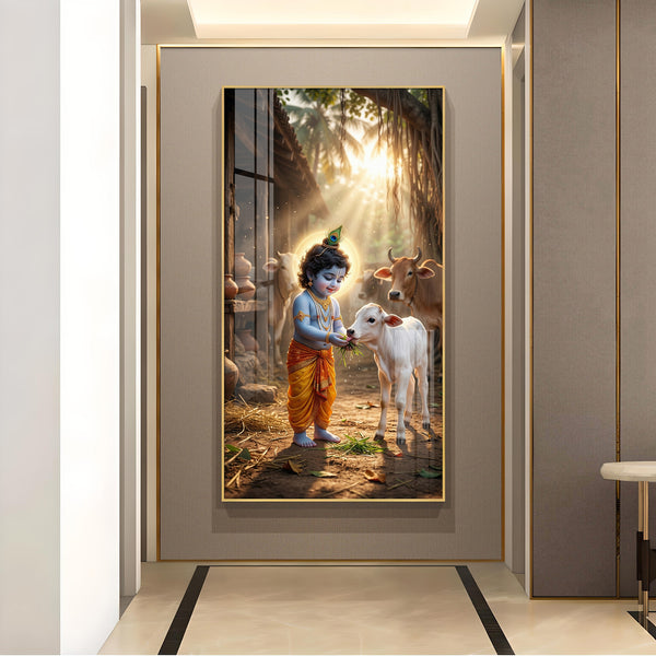LIttle Krishna With Calf Glass Finish Vertical Wall Art