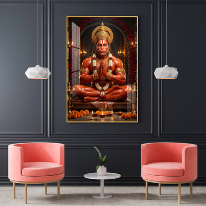 Lord Hanuman Glass Finish Vertical Wall Art