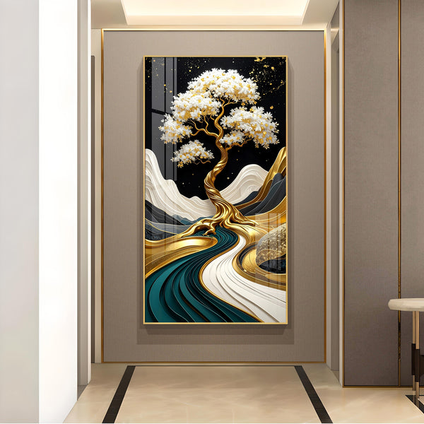 Golden Serenity Tree Glass Finish Vertical Wall Art