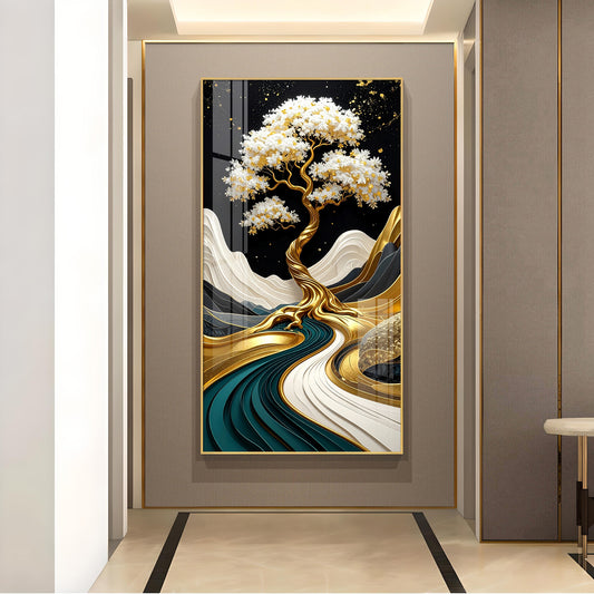 Golden Serenity Tree Glass Finish Vertical Wall Art