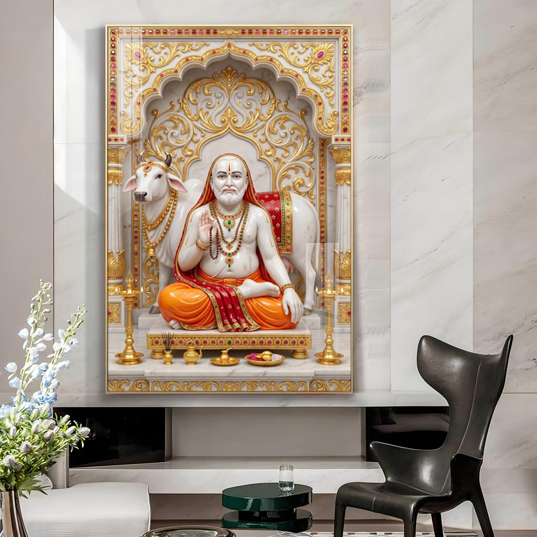 Sri Raghavendra Swamy Glass Finish Vertical Wall Art