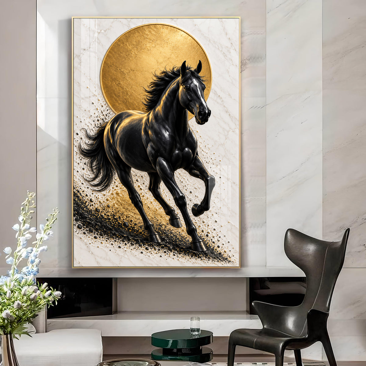 Running Black Horse Glass Finish Vertical Wall Art